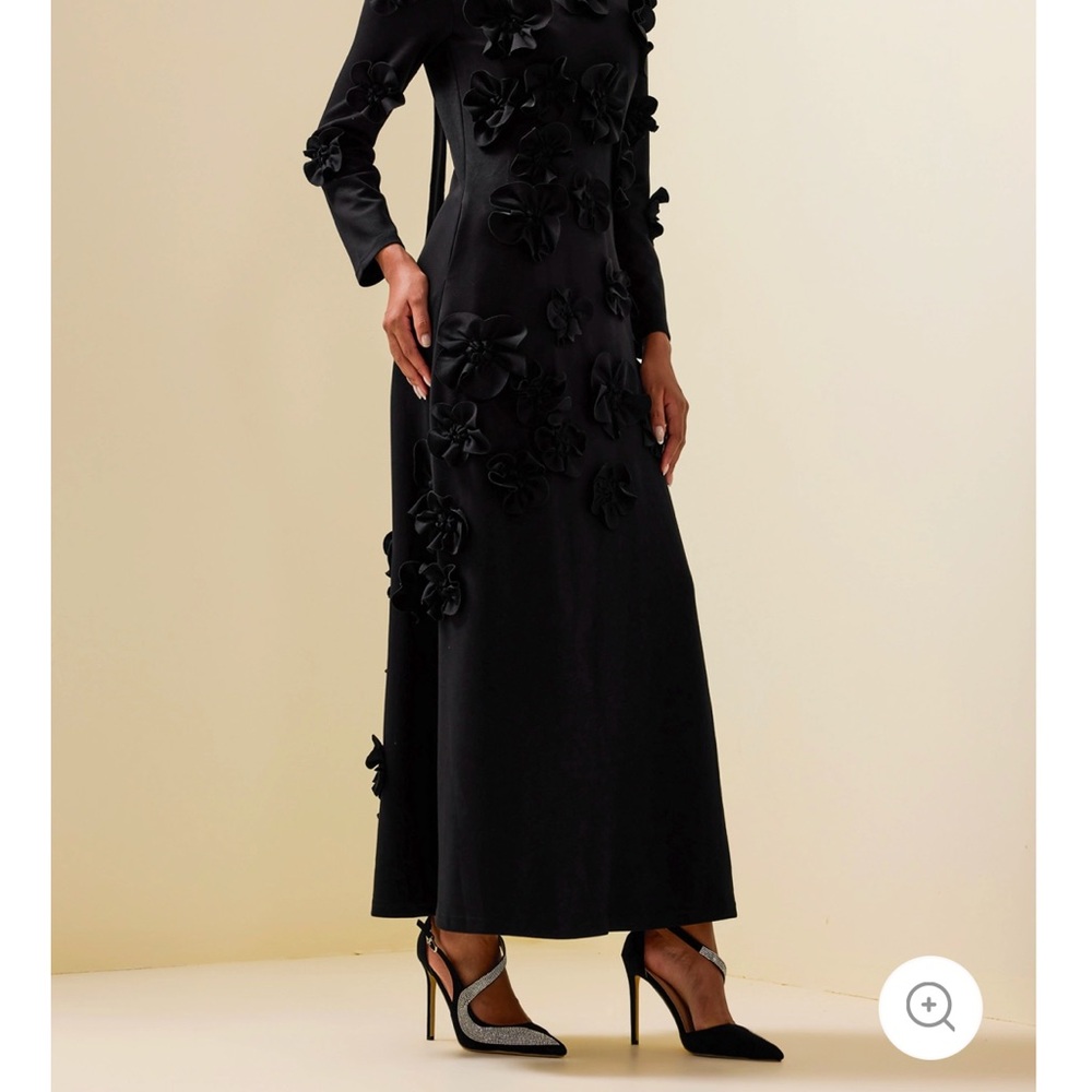 3D Flower Stand Collar Long Sleeve Midi Dress
